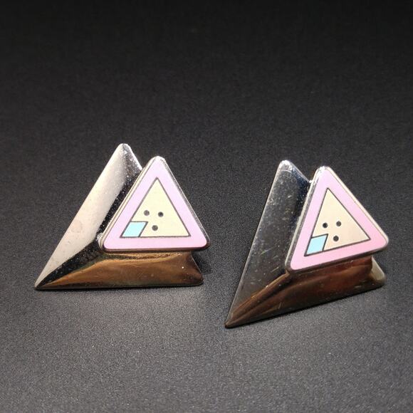 Vintage Laurel Burch "Anne" Triangle Post Earrings, Rhodium Plated, 1980s - Picture 8 of 10